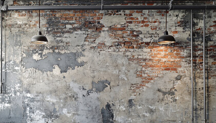 Obraz premium A textured wall with exposed bricks, metal pipes, and raw concrete, offering a modern, urban, and gritty aesthetic