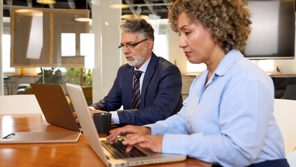 Fototapeta premium Mature businessman and his female colleague working together at the company office