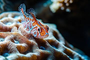 Obraz premium A vibrant fish lounges on a textured coral backdrop, surrounded by diverse marine creatures in a striking underwater scene.