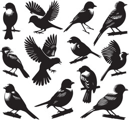 Obraz premium Black and White Bird Silhouette Vector Set: Flying, Perched, and Standing Bird Illustrations for Graphic Design and Ornithology Resources
