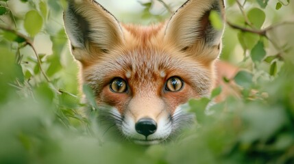 Obraz premium A close up of a fox looking through the leaves in front of him, AI