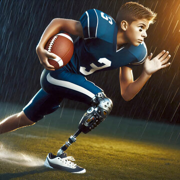 Jugentlicher mit einer Beinprothese spielt american football. Volle Teilhabe am normalen Leben.
