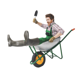 Funny gardener inside a wheelbarrow