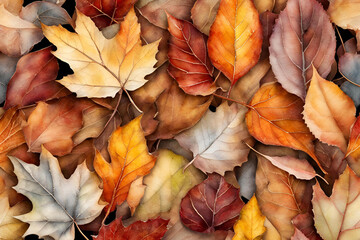 Obraz premium Assorted Autumn Leaves in Warm Earthy Tones Background, A close-up view of various autumn leaves in warm, earthy hues, showcasing the beauty of fall