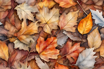 Obraz premium Assorted Autumn Leaves in Warm Earthy Tones Background, A close-up view of various autumn leaves in warm, earthy hues, showcasing the beauty of fall