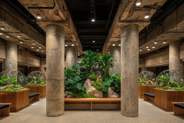 Lush green plant display in modern office lobby with wooden benches and support columns