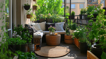 Fototapeta premium Compact balcony with a small wooden deck, a cozy outdoor rug, and a mix of greenery and flowers in various planters, creating a relaxing atmosphere