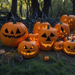 Jack O' Lamps In Memorial park In The Creepy Evening - Halloween Setting