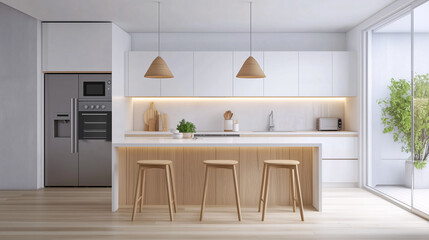 Fototapeta premium Compact Scandinavian kitchen design featuring white and light wood cabinetry, modern appliances, and an understated color palette. Simple pendant lights and natural textures bring warmth to the space
