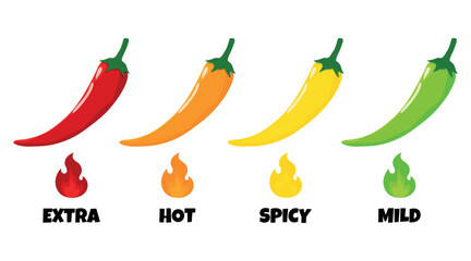 Vector chili pepper hot spicy level labels. Chili pepper with red, yellow, orange and green flames. Extra, spicy, hot and mild strength. Red chili pepper, cayenne, jalapeno, habanero with fire flames