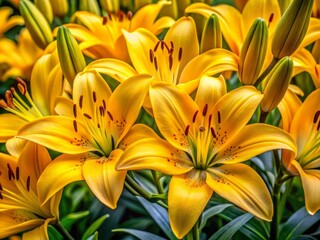 Obraz premium Vibrant yellow lilies with intricate petals and slender stems captured in a rich, detailed image, showcasing their