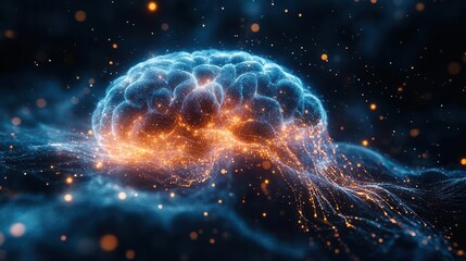 abstract digital neural network forming human brain shape data streams flowing through synapses holographic interface overlay