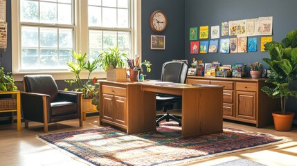 A Brightly Lit Office Space with a Desk, Chair, and Artwork
