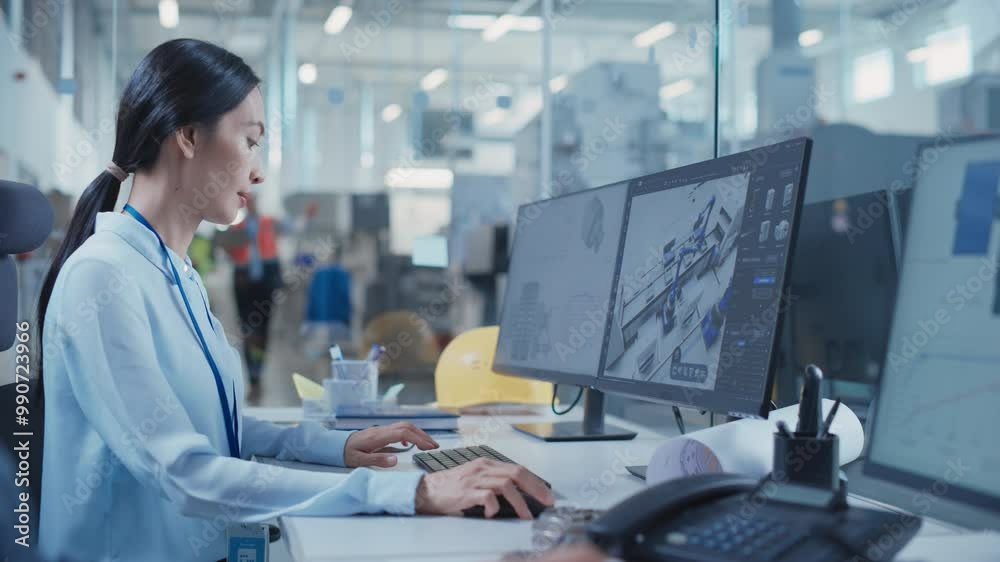Poster High-tech Factory: Asian Female Engineer Uses 3d Cad Software on Dual Monitors, Designing Automated Production Line. Modern Industrial Product Development. Screen Show Setup of Robot Arm Assembly Line