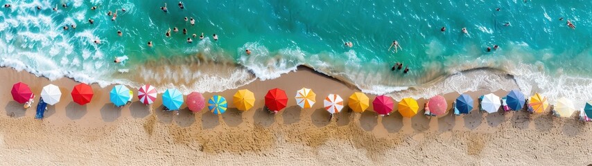 Aerial view of colorful beach umbrellas lined up along a sandy shore with turquoise ocean waves gently crashing on the beach.