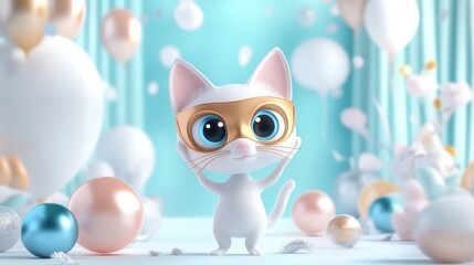 Fototapeta premium Cute Cartoon Cat Kitten Character in Festive Party with Balloons