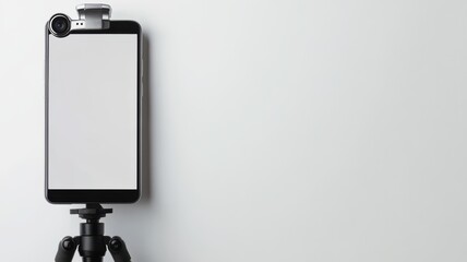 Smartphone on a tripod against a blank wall, perfect for photography and videography setups.