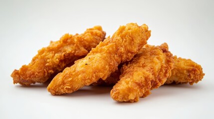 Crispy chicken fingers against a plain white backdrop.