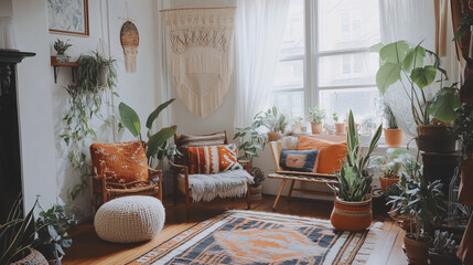 Eclectic living space in a studio apartment, showcasing a boho-chic vibe with layered textiles, mismatched chairs, and lots of plants