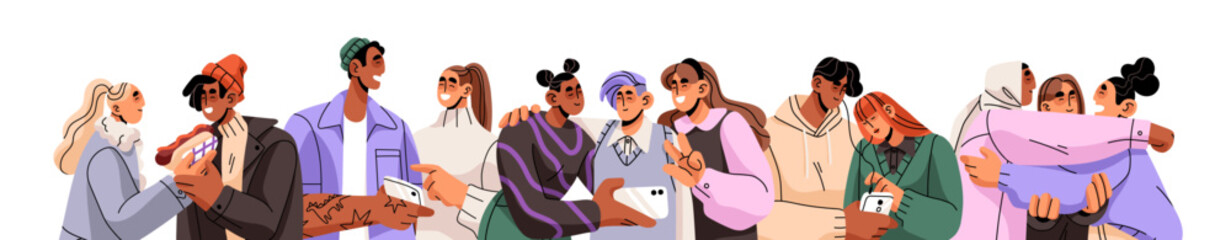 Horizontal banner with friendship concept. Happy friends, couples in love spends time together. Young men and women have fun, talk, hug, take selfie. Flat vector illustration on white background