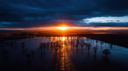 A stunning sunset reflects over a tranquil water surface, silhouetting trees against a dramatic sky filled with dark clouds and brilliant orange light.
