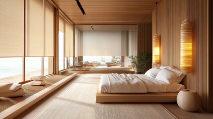 Luxurious interior with blackout roller shades, electric sunscreen curtains, and wooden decor walls for a sophisticated atmosphere.