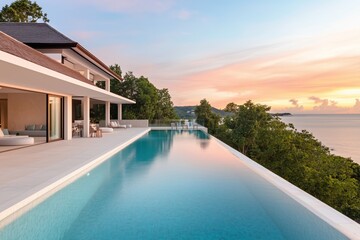 Fototapeta premium luxurious beachfront villa with an infinity pool at sunset