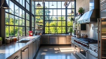 Fototapeta premium Modern Minimalist Kitchen Room with Wooden Table, luxurious Interior Design, Furniture with Background