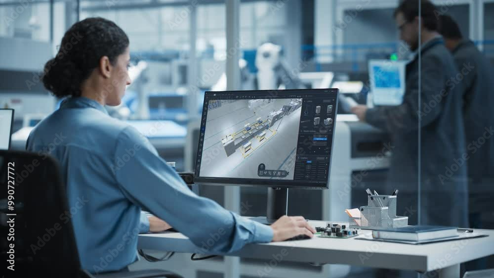 Fototapete Futuristic Factory Design: Engineer Utilizes Advanced 3d Software to Visualize Robotic Assembly Line. Innovative Manufacturing Concept for Next-generation Production Processes and Smart Automation.