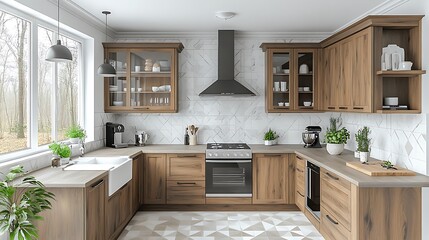 Obraz premium A sleek mid-century modern kitchen featuring flat panel cabinets, vintage wood finishes, geometric backsplash tiles, and minimalist decor, large windows letting in natural light,