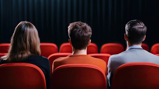 Three people sitting in a theater, focused on the screen, immersed in cinema experience under dim lighting.