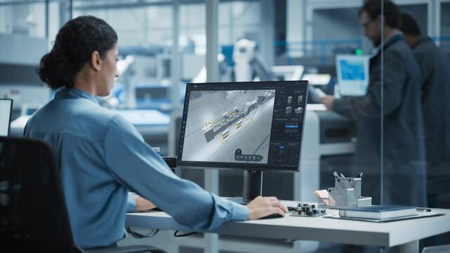 Futuristic Factory Design: Engineer Utilizes Advanced 3d Software to Visualize Robotic Assembly Line. Innovative Manufacturing Concept for Next-generation Production Processes and Smart Automation.