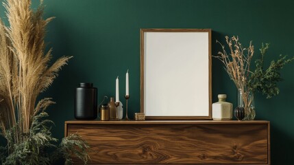 Mock-up frame leaning against a dark green wall, placed on a mid-century wooden commode with elegant accessories.
