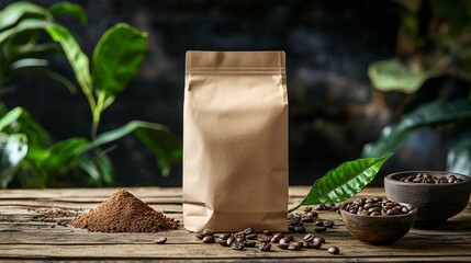 Mockup coffee bag, Kraft coffee bag on an old wooden table with coffee beans, ground coffee, and a fresh leaf, creating an authentic coffee lover&rsquo;s setting.