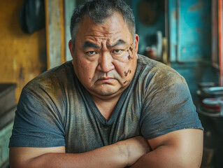 Fototapeta premium Middle-aged Asian man in a stoic portrait.
