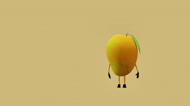 A 3D animated mango character making a friendly hello gesture. The scene captures playful interaction, warmth, and creativity, blending the charm of tropical fruit with vibrant digital animation.