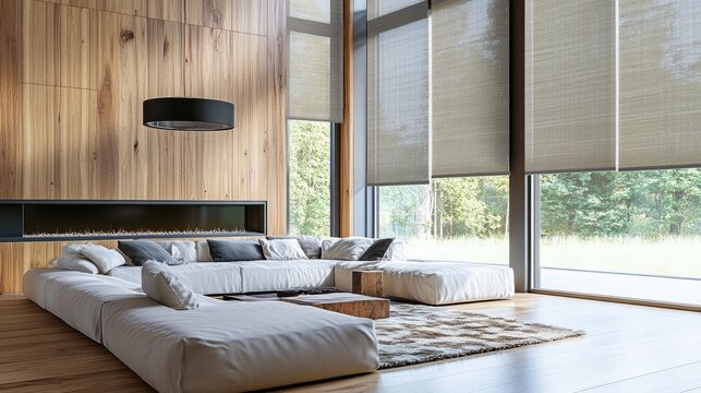 Modern apartment with electric solar shades, wooden wall panels, and large roller blinds, offering functional and stylish window coverage