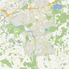 Map of Cambridge in Canada in a normal road map style. Contains layered vector with roads water, parks, etc.