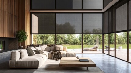 Modern living room with electric blackout shades, wooden wall panels, and large solar roller blinds controlling light exposure.