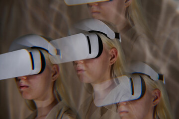 Multiple exposure closeup of young Caucasian woman with albinism wearing VR headset
