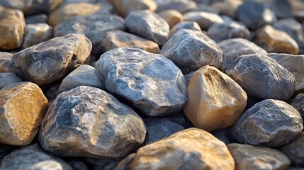 A collection of stones of different sizes and shapes, captured in hyper-realistic detail, creating a textured and natural rocky background.