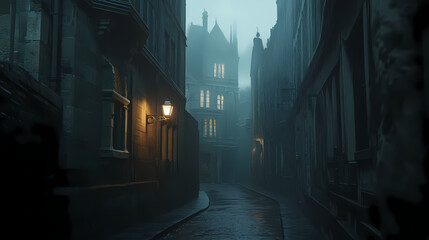 A dark back alley of a european city. victorian era, gothic architecture, rainy autumn day cityscape background. Victorian Street Scene. Illustration