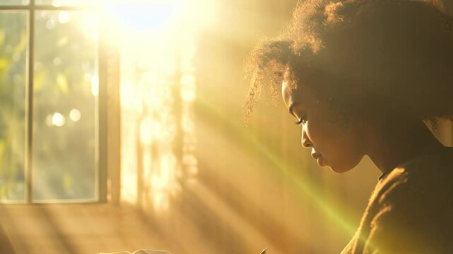Young African American woman writing in a notebook, illuminated by sun rays.
