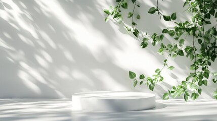 Simple white pedestal with soft shadows from green leaves gently falling on a sunlit, bright wall.