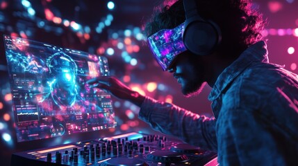 DJ wearing VR headset interacting with digital screen.