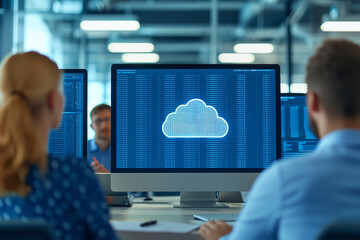 A team of IT professionals discussing cloud storage deployment strategies in a hightech office