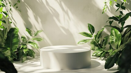 Sunlit white pedestal surrounded by green plant shadows, creating a minimalist scene with bright, clean lines.