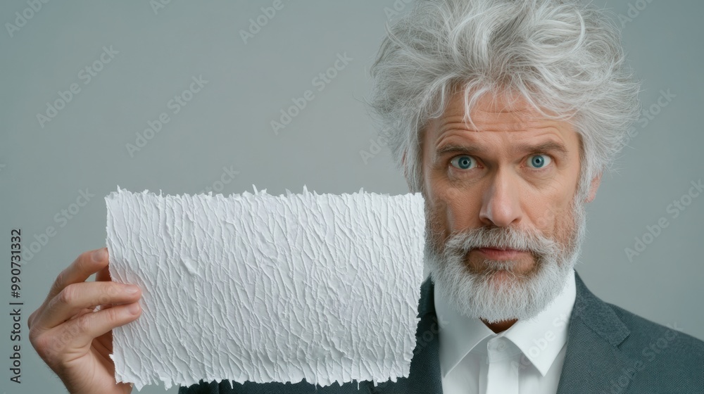 Wall mural A man with white hair holding up a piece of paper, AI