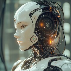 Fototapeta premium Futuristic robot with intricate wiring and camera lens