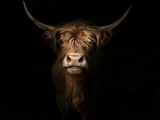 portrait of a Scottish highland cow - Boy taurus with a dark background